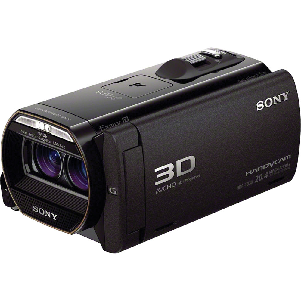 Videocámara Sony negra Handycam 3D con lente G 10x, ideal para video HD progresivo.