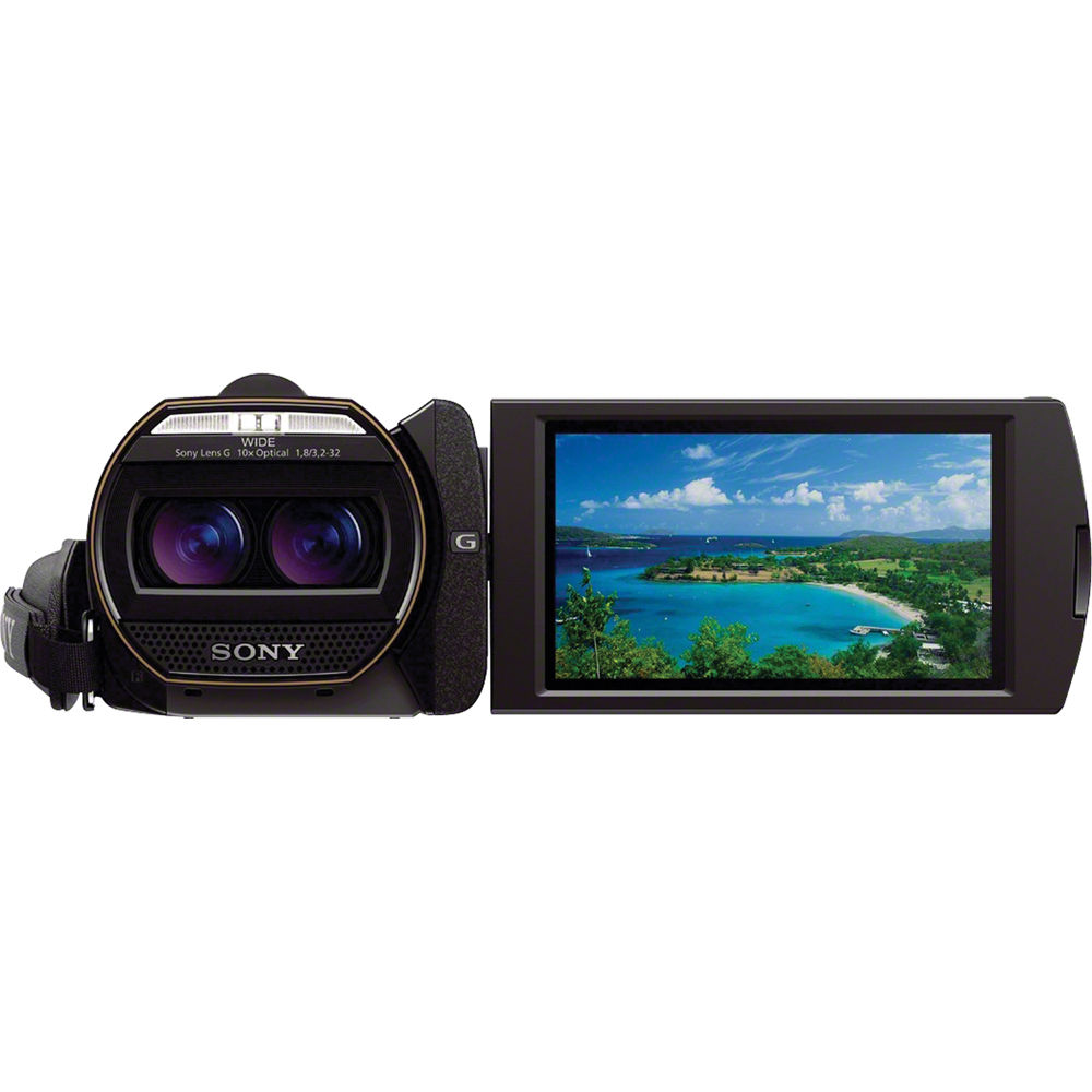 Videocámara Sony HDR-TD30V negra, vista frontal con pantalla LCD mostrando paisaje tropical.