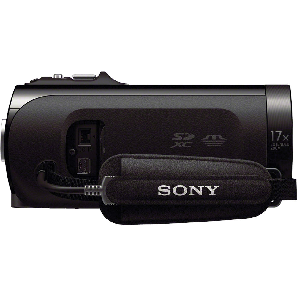 Videocámara Sony HDR-TD30V negra HD 3D, con zoom extendido 17x y logo SONY en la correa.