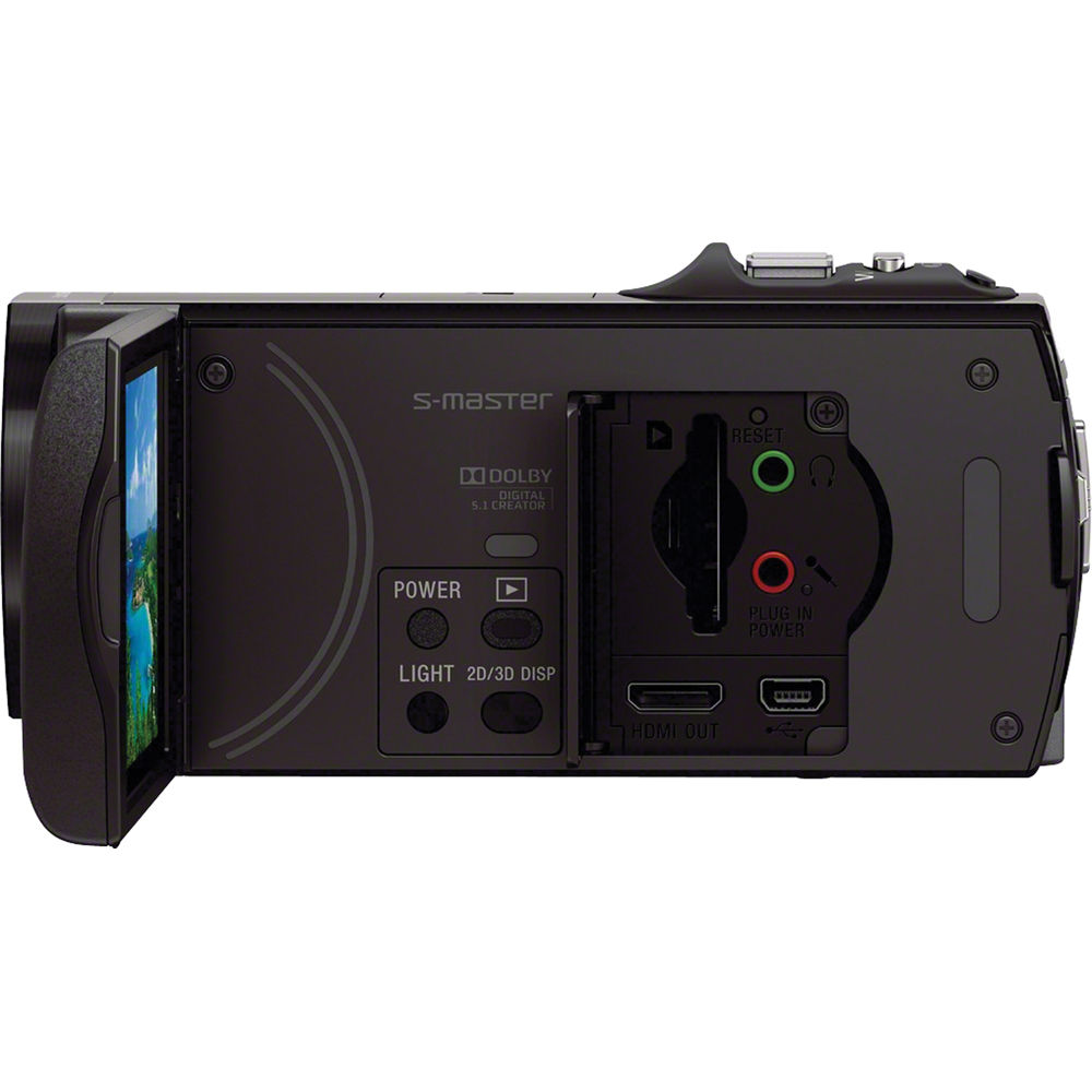 Videocámara Sony Handycam negra con pantalla abatible y puertos de conexión, ideal para grabar en HD y 3D.