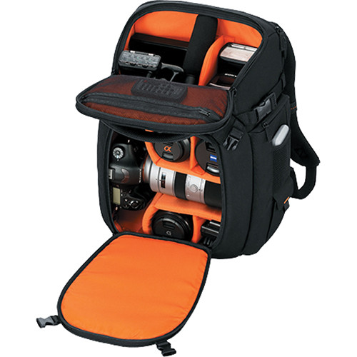 Mochila negra Sony con compartimentos organizadores naranjas para cámara DSLR y portátil de 15".