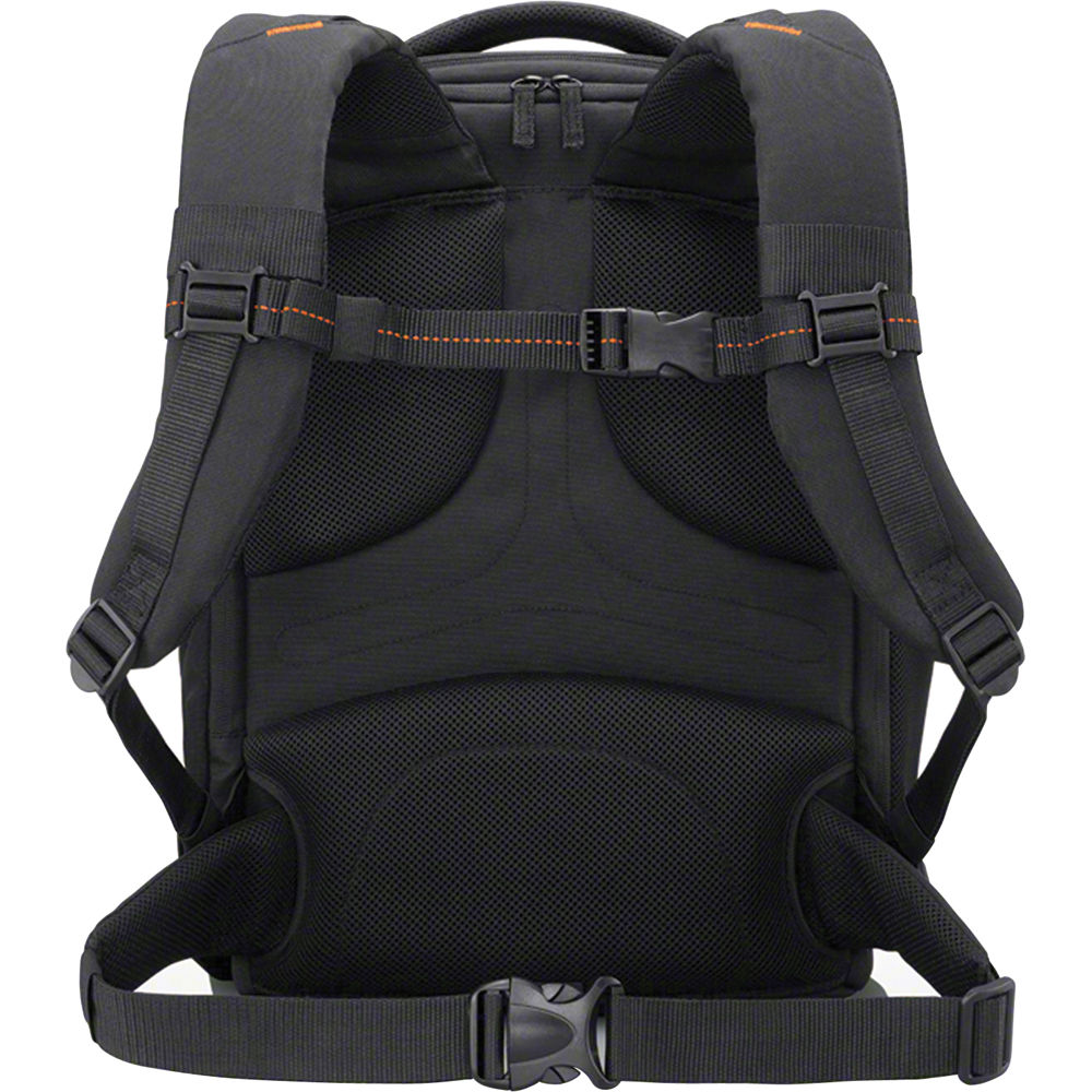 Mochila negra Sony para portátil de 15" con correas y hebillas ajustables, ideal para cámaras.