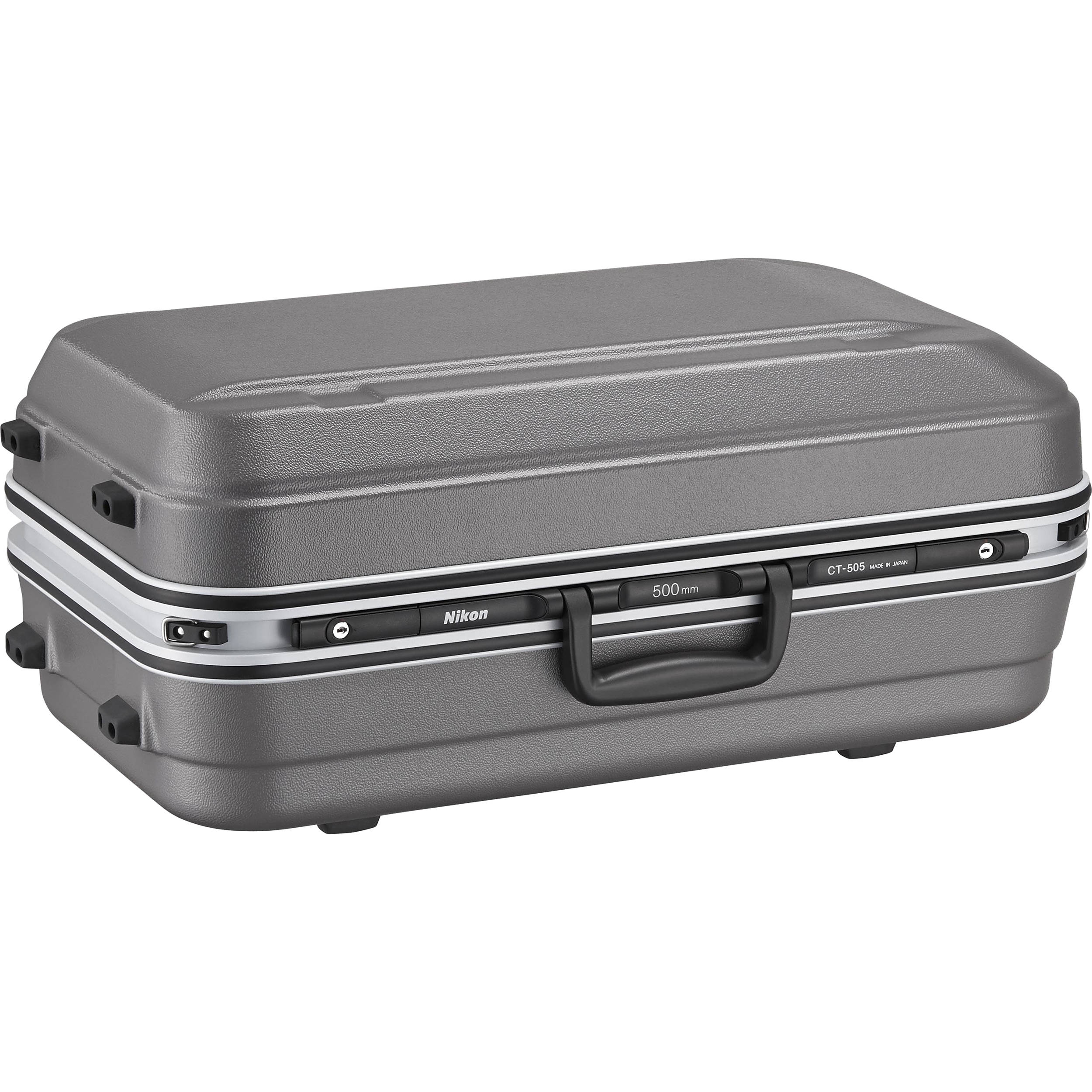 Maletín gris texturizado Nikon CT-505 para lente 500 mm con asa y cerraduras.