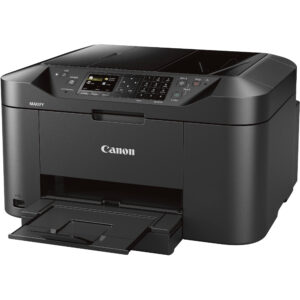 Impresora multifunción Canon MAXIFY MB2120 negra para oficina, con panel frontal y bandeja de salida.