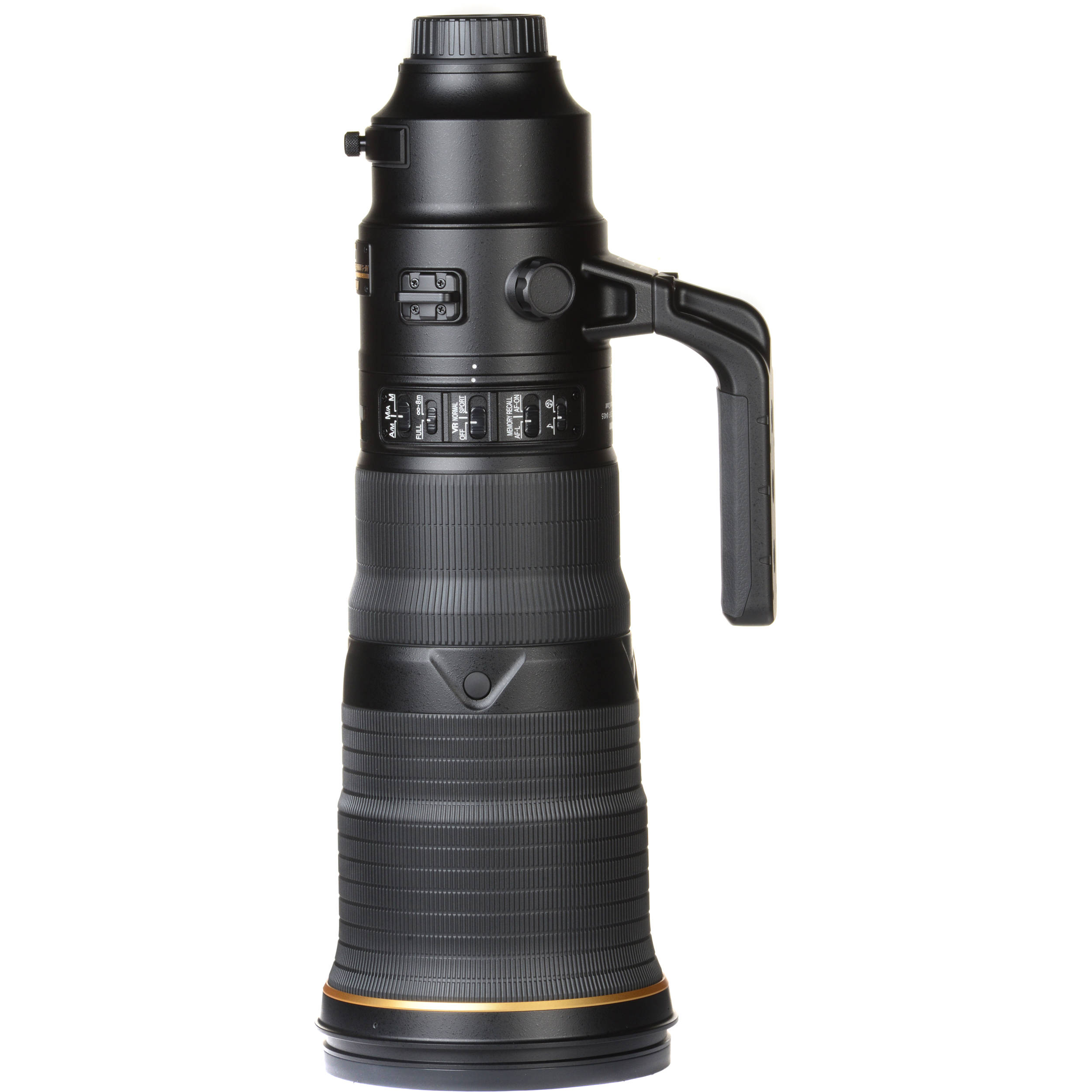 Lente Nikon AF-S NIKKOR 500mm f/4E FL ED VR negro con asa de transporte y controles de función.