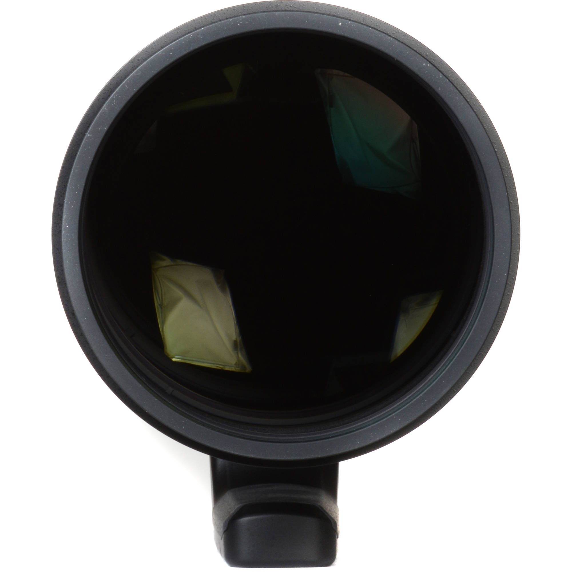 Lente Nikon 500mm f/4E FL ED VR, vista frontal con reflejos en lentes y montura.