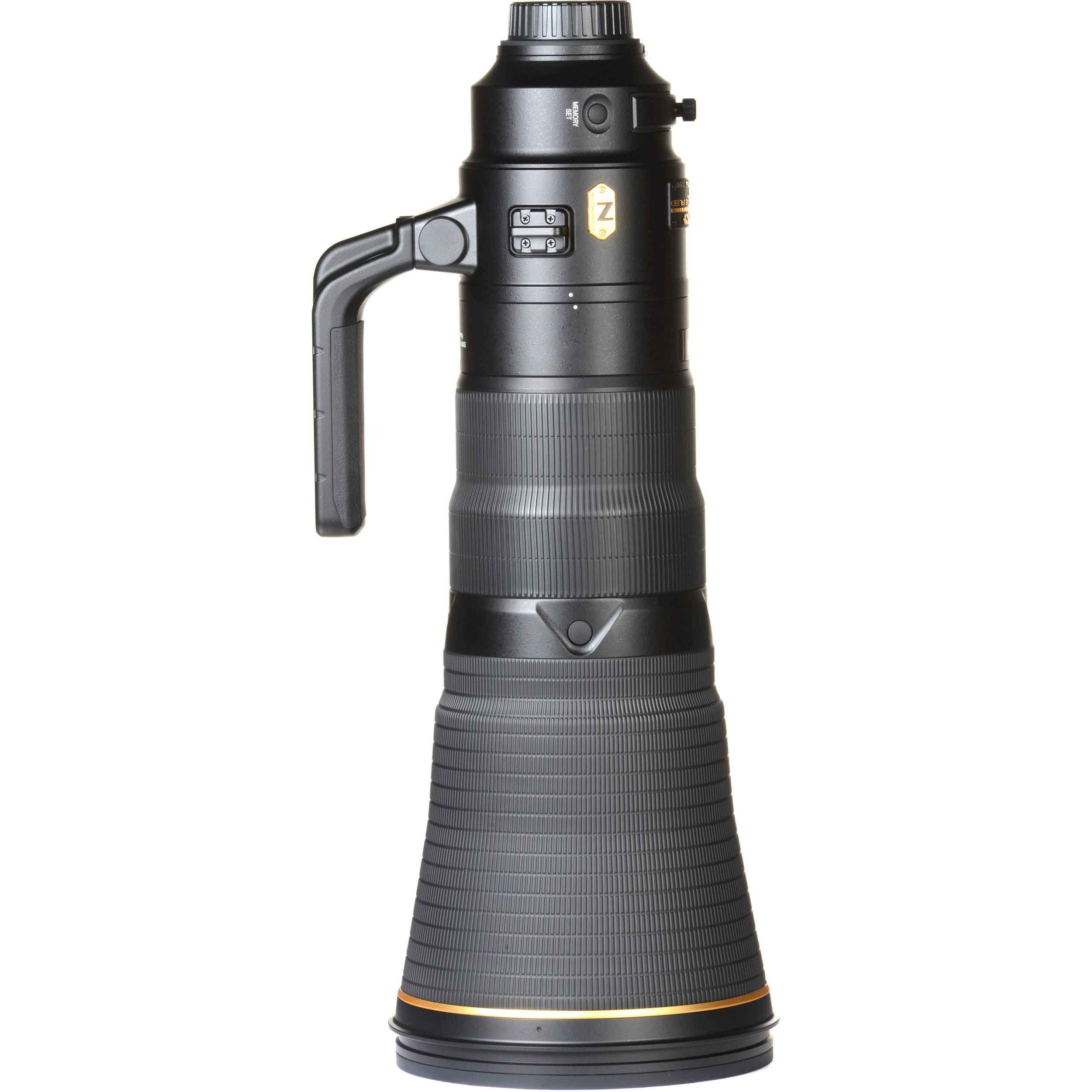 Lente Nikon 600mm f/4E FL ED VR negro con detalles dorados y mango, ideal para fotografía profesional.