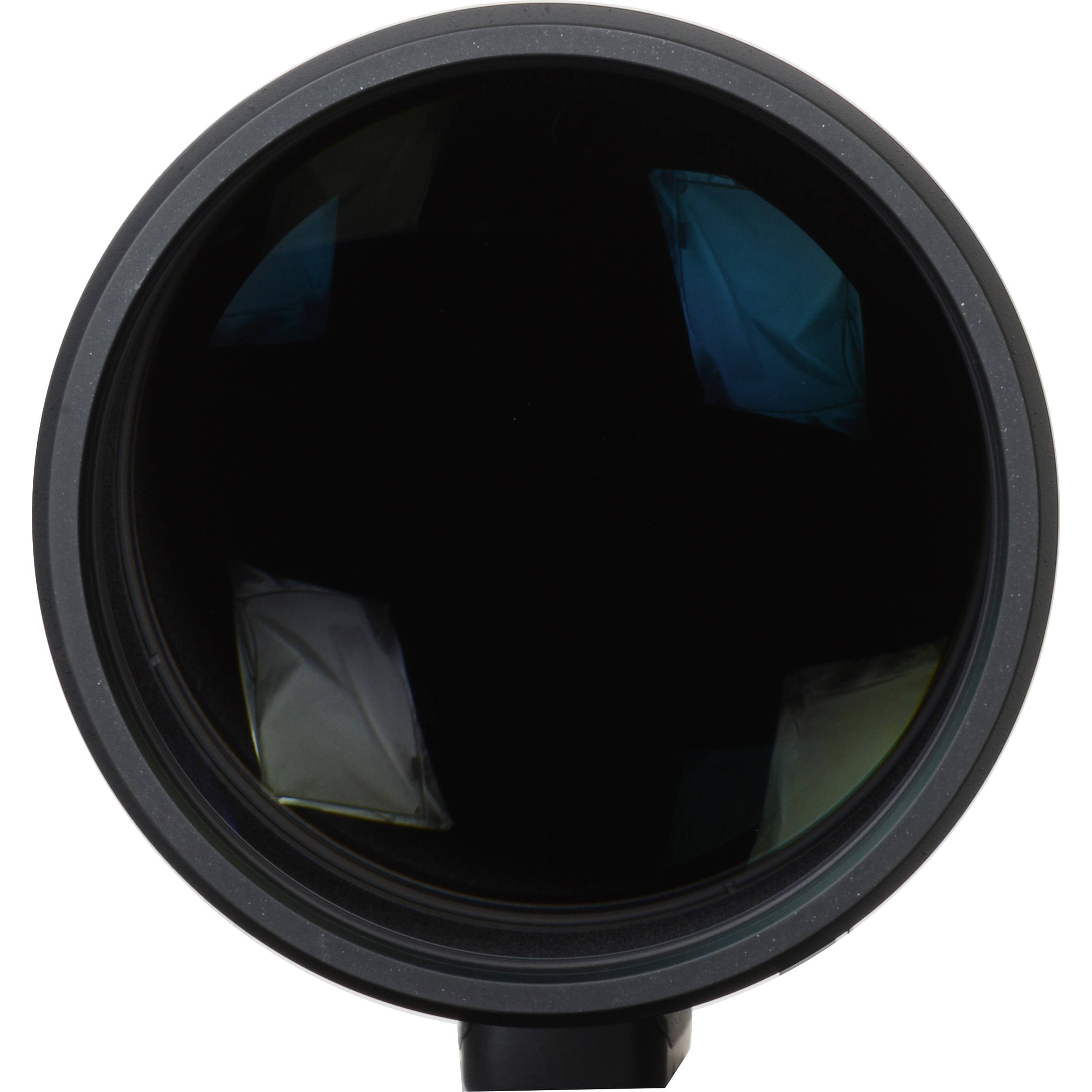 Vista frontal lente Nikon 600mm f/4E FL ED VR con reflejos en lente y montura.