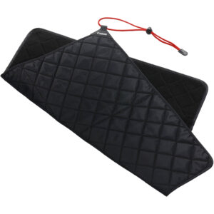 Paño protector Canon negro acolchado para cámara, con cordón ajustable rojo.