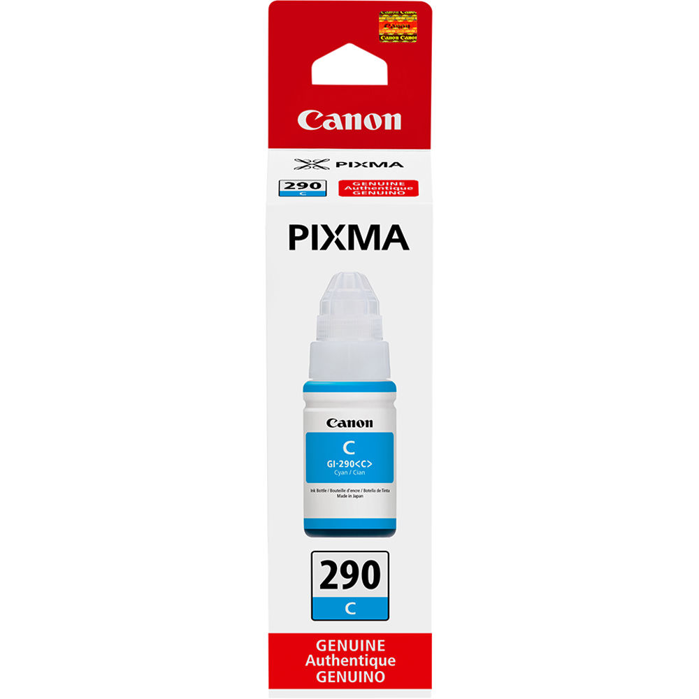 Botella de tinta Canon GI-290 cian MegaTank con logo PIXMA, 70ml.