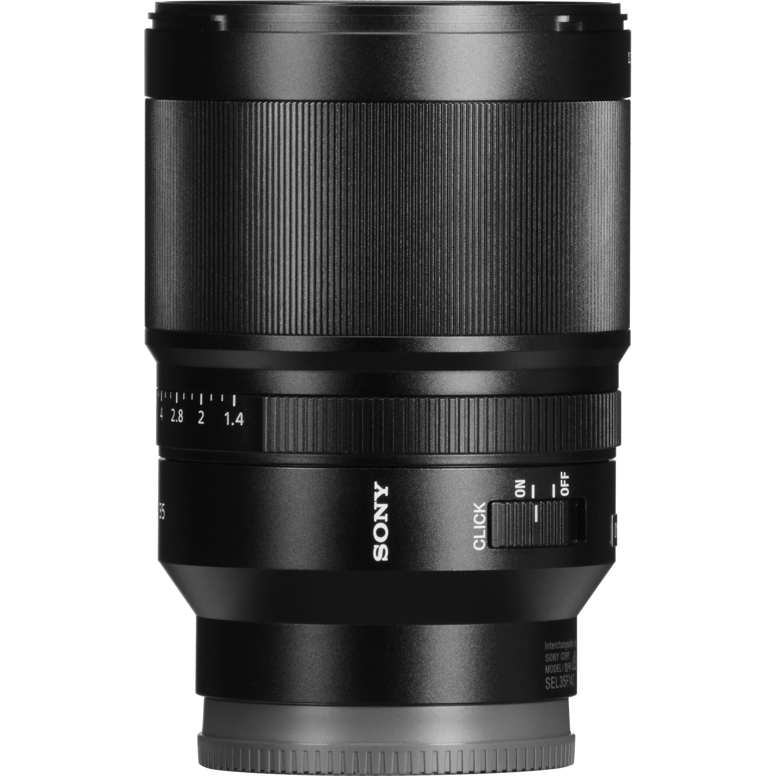 Lente Sony SEL35F14Z negro con detalles de enfoque y apertura, ideal para fotografía.