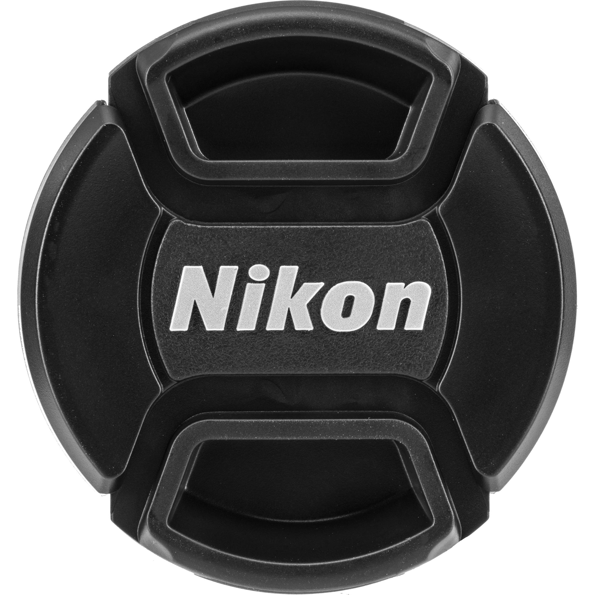 Tapa de lente a presión Nikon negra de 95 mm con logo blanco.