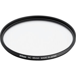 Filtro Nikon NC 95mm para lente, aro negro con texto plateado, hecho en Japón.