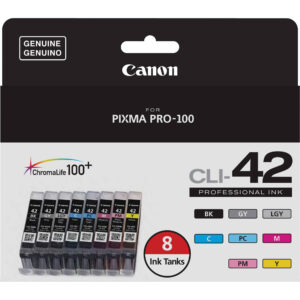 Ocho tanques de tinta Canon CLI-42 profesionales para impresora Pixma Pro-100, colores variados.