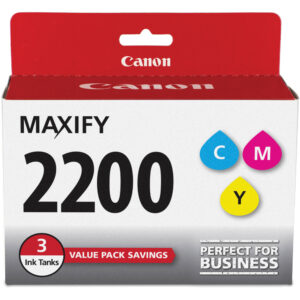 Caja de cartuchos de tinta Canon MAXIFY 2200 en paquete de 3 para negocios con tintas C, M, Y.