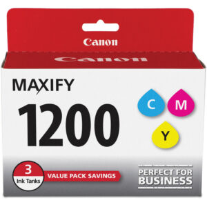Cartuchos de tinta Canon MAXIFY 1200 CMY en empaque de 3 unidades para negocios.