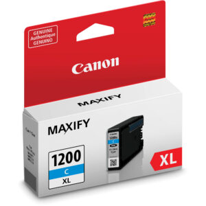 Cartucho de tinta cian Canon MAXIFY 1200XL XL genuino en caja blanca y roja con detalle de impresora.