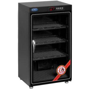 Gabinete de control de humedad Sirui HC-110 negro con puerta de vidrio, 3 estantes y pantalla digital.