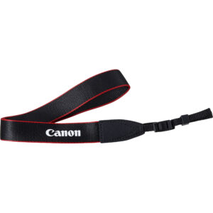 Correa de cuello Canon EM-200DB negra con bordes rojos y logo blanco.