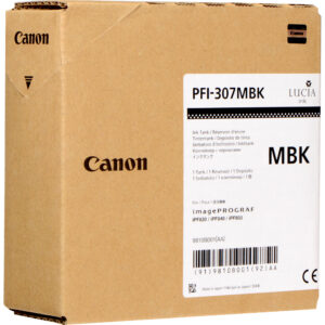 Caja de cartucho de tinta Canon PFI-307MBK negro mate, con logotipo de Canon y detalles del producto.