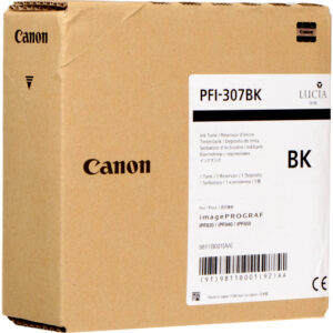 Caja de cartón marrón con cartucho de tinta negra Canon PFI-307BK para imagePROGRAF.