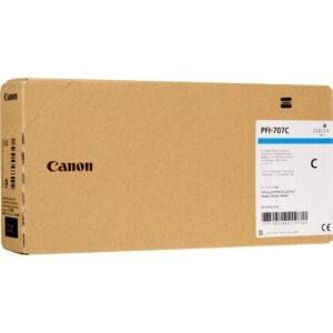 Caja de cartón con cartucho de tinta cian Canon PFI-707C LUCIA para imagePROGRAF, hecho en Japón.