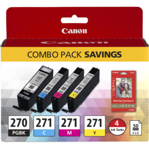 Canon PGI-270/CLI-271 cartuchos de tinta CMYK en paquete combinado con papel fotográfico.