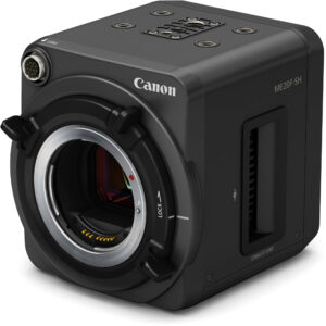 Cámara multiusos Canon ME20F-SH negra, compacta, con lente y ventilación, ideal para grabaciones profesionales.