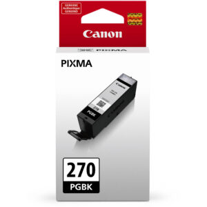 Tanque de tinta negra pigmentada Canon PGI-270 PGBK para impresoras PIXMA, empaque y cartucho.