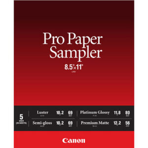 Canon Pro Paper Sampler 8.5x11" con 5 tipos de papel: Luster, Semi-gloss, Platinum Glossy y Premium Matte.