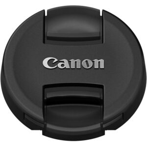 Tapa de lente Canon negra de 28 mm con logo plateado, para proteger el lente.