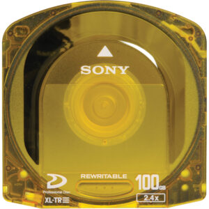 Disco profesional Sony 100GB XDCAM regrabable XL-TR color ámbar con sello SONY y triángulo indicador.