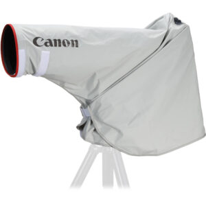Funda impermeable Canon ERC-E5M gris, con logo Canon y borde rojo, para teleobjetivos.