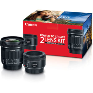 Kit de 2 lentes Canon: 50mm f/1.8 y 10-18mm f/4.5-5.6, ideal para retratos y viajes.
