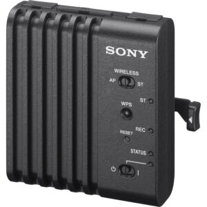 Adaptador inalámbrico Sony negro con puertos USB y SD. Botones para AP, ST, WPS, REC, RESET y encendido.
