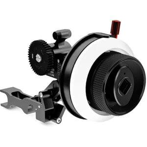 Conjunto de parada dura ARRI Mini Follow Focus Cine con engranaje negro y anillo blanco, para lentes de cine.