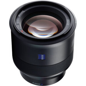 Lente ZEISS Batis 85mm f/1.8 negro para montura Sony E, con detalles plateados y lente frontal.