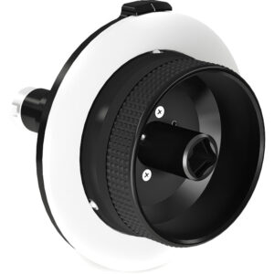 Perilla de enfoque ARRI negro y blanco para cámara, diseño texturizado, lado derecho.