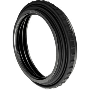 Anillo adaptador de filtro ARRI R2 negro 114 mm, con textura de agarre y detalles en el borde.