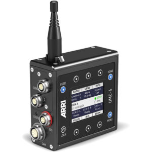 Controlador ARRI UMC-4 LDS negro con pantalla LCD mostrando información de radio, lente y cámara.