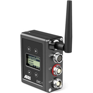 Controlador ARRI EMC-1 negro con antena para lentes ENG, pantalla LCD y conexiones LENS, LCS, CAM.