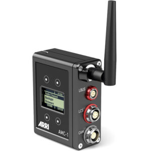 Controlador ARRI AMC-1 negro con pantalla, antenas y puertos LBUS, LCS y CAM.