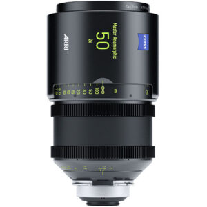 Lente anamórfica maestra ARRI 50mm T1.9 para cine. Cuerpo negro con marcadores amarillos de enfoque y apertura.