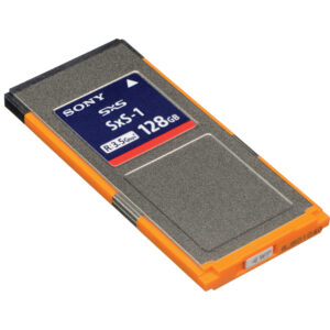 Tarjeta Sony SxS-1 128GB naranja, gris. Conector plateado en ángulo.