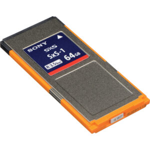 Tarjeta Sony SxS-1 64GB de alta velocidad en naranja y gris, vista en ángulo superior.