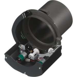 Adaptador Sony con motores y engranajes visibles, montura circular metálica negra.