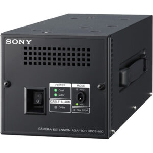 Adaptador de extensión de cámara Sony HDCE-100 negro con puerto de alimentación y luces indicadoras de estado.