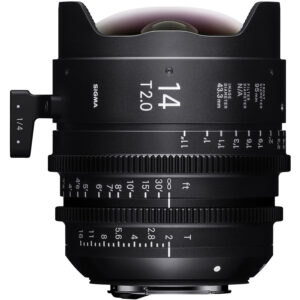 Lente Sigma 14mm T2 FF Prime para Sony E-Mount. Montura negra con escalas de distancia en pies y apertura T.