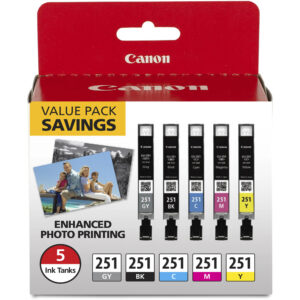 Pack de 5 cartuchos de tinta Canon CLI-251: Gris, Negro, Cian, Magenta y Amarillo.