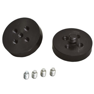 Kit adaptador ARRI negro para soporte de monitor con tornillos, dos discos con orificios y uno con rosca central.